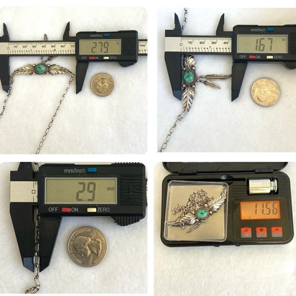 VTG Sterling Silver 925 H. Spencer Navajo Turquoise Leaf Feather Necklace 20.5